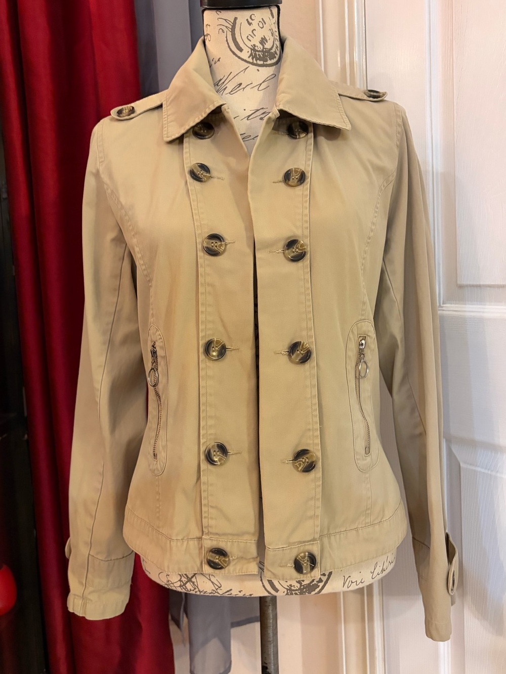 Vintage Ashley  By 26 Intl Khaki Double-Breasted Cropped Military Style Jacket